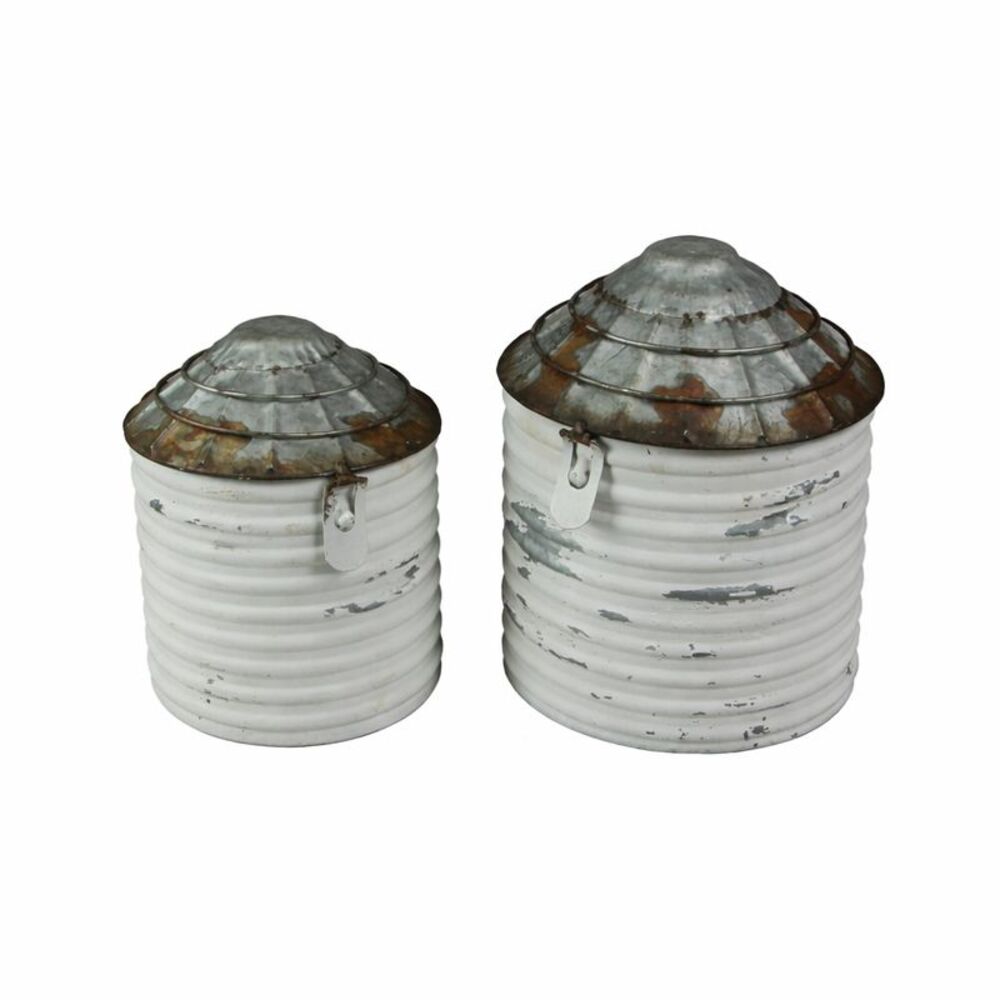 Vintage White Finish Galvanized Decorative Tin Silo Canister Set of 2